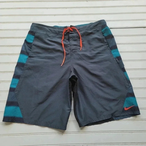 Nike Mens Swim Trunks Green Gray Bathing Suit Board Shorts Beach Drawstring Sz S - Picture 1 of 11